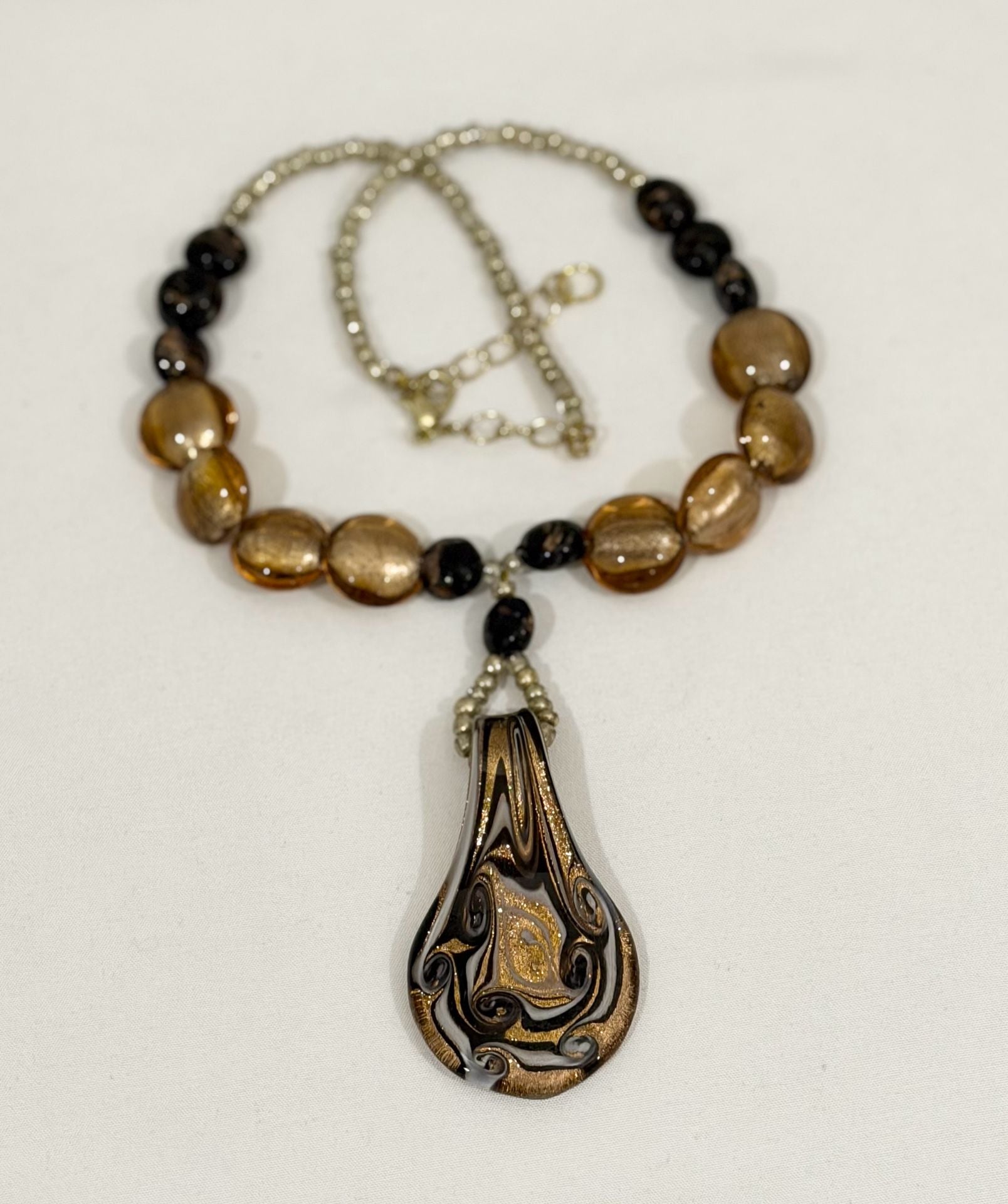 Artisan Handcrafted Black and Gold Swirl Glass Teardrop Pendant Necklace 2
