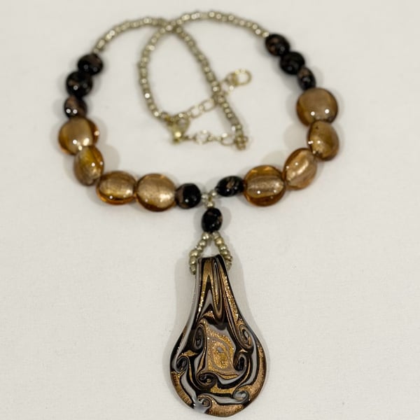 Artisan Handcrafted Black and Gold Swirl Glass Teardrop Pendant Necklace