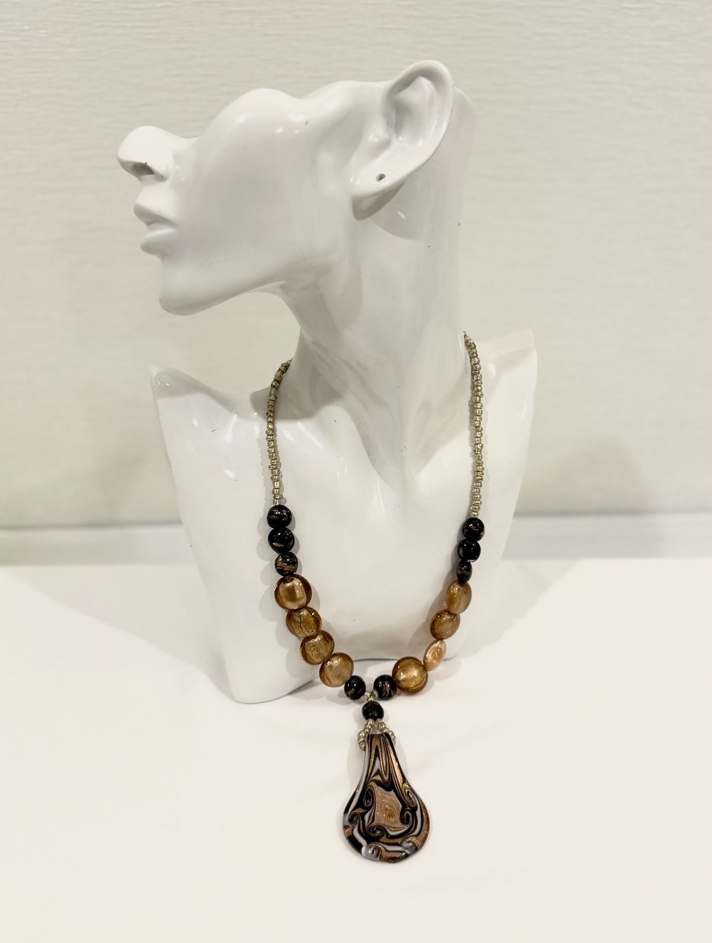 Artisan Handcrafted Black and Gold Swirl Glass Teardrop Pendant Necklace 4