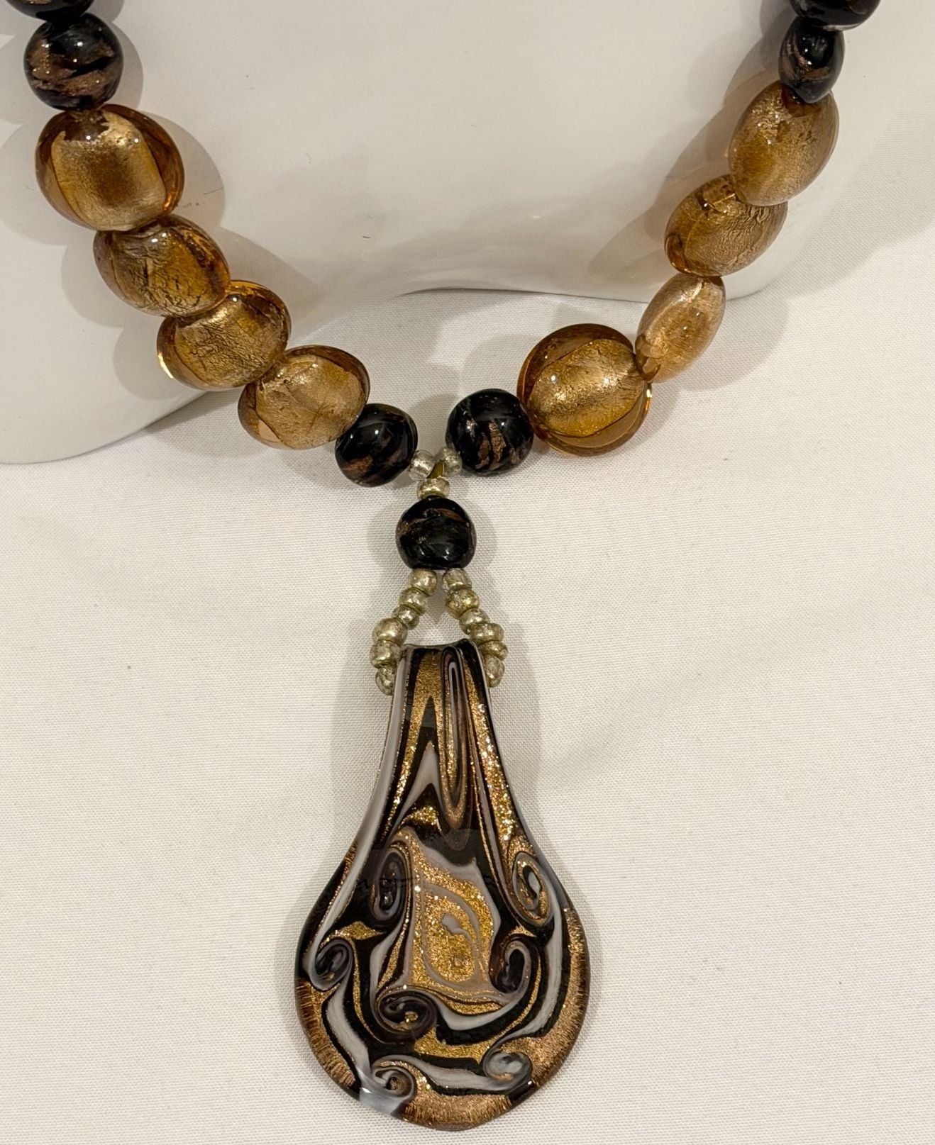 Artisan Handcrafted Black and Gold Swirl Glass Teardrop Pendant Necklace 3