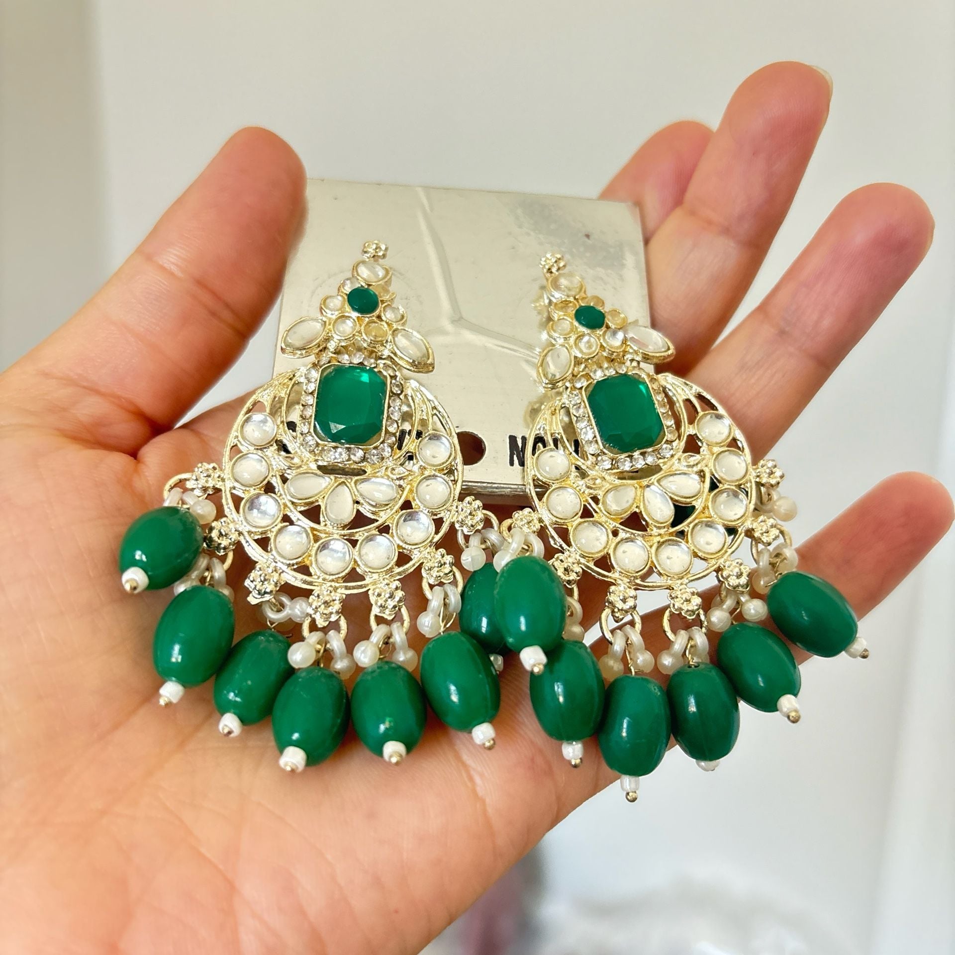 Traditional Indian Kundan Style Chandbali Earrings with Green Beads 1