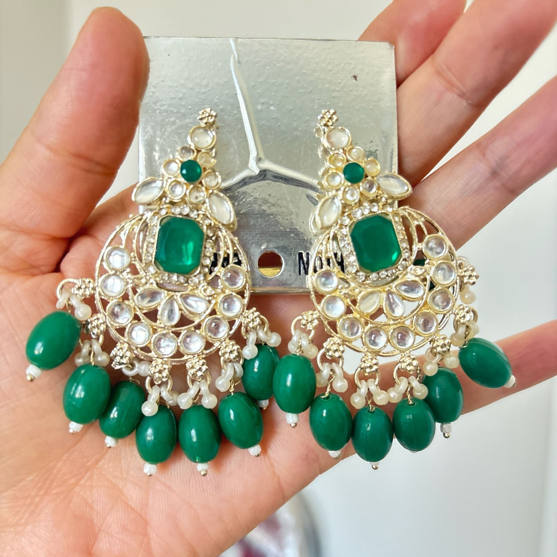 Traditional Indian Kundan Style Chandbali Earrings with Green Beads 2