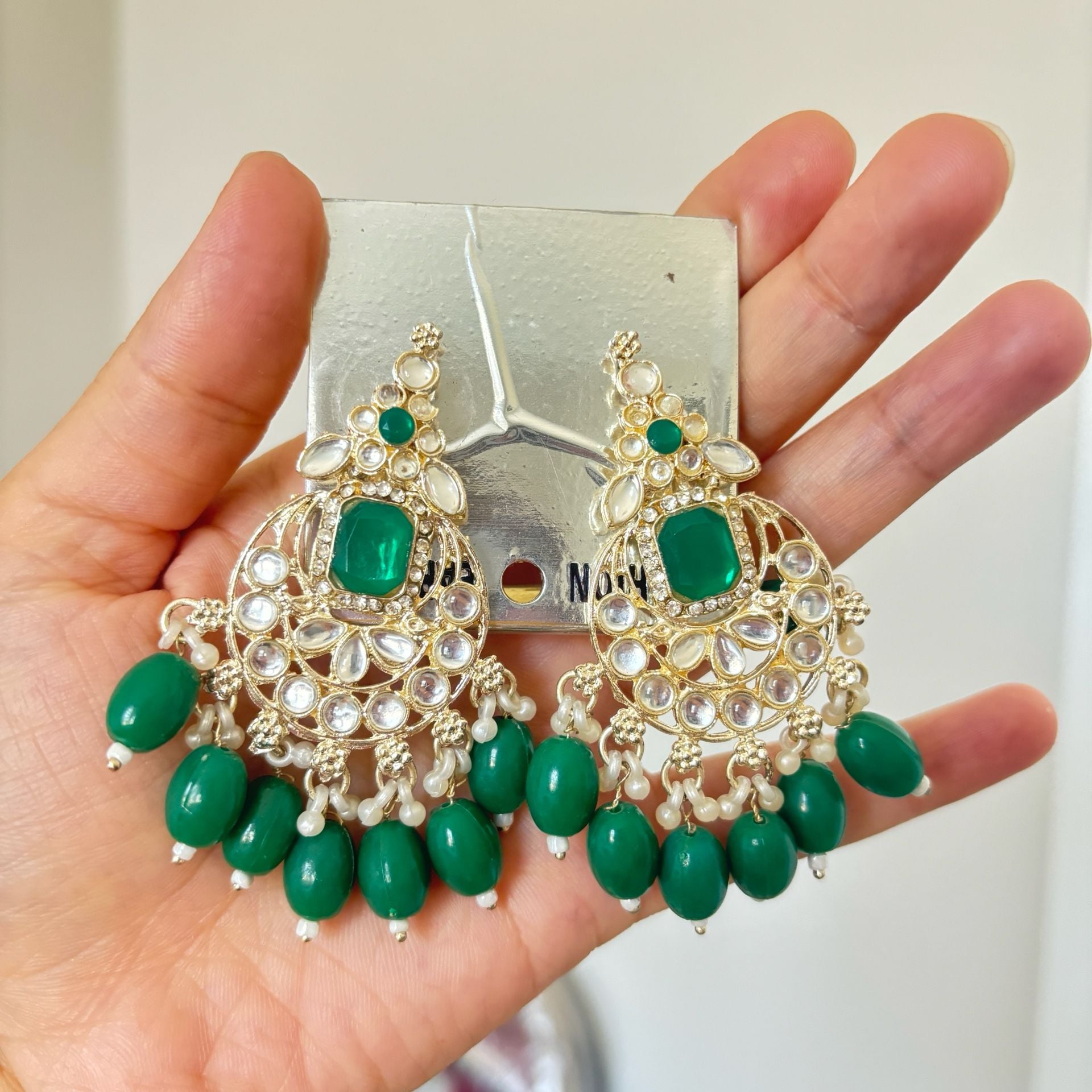 Traditional Indian Kundan Style Chandbali Earrings with Green Beads 3