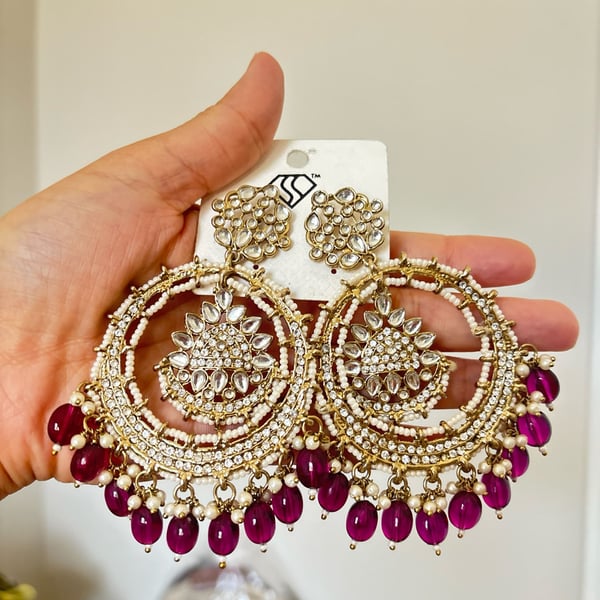 Gold-Tone Kundan and Purple Bead Chandbali Earrings