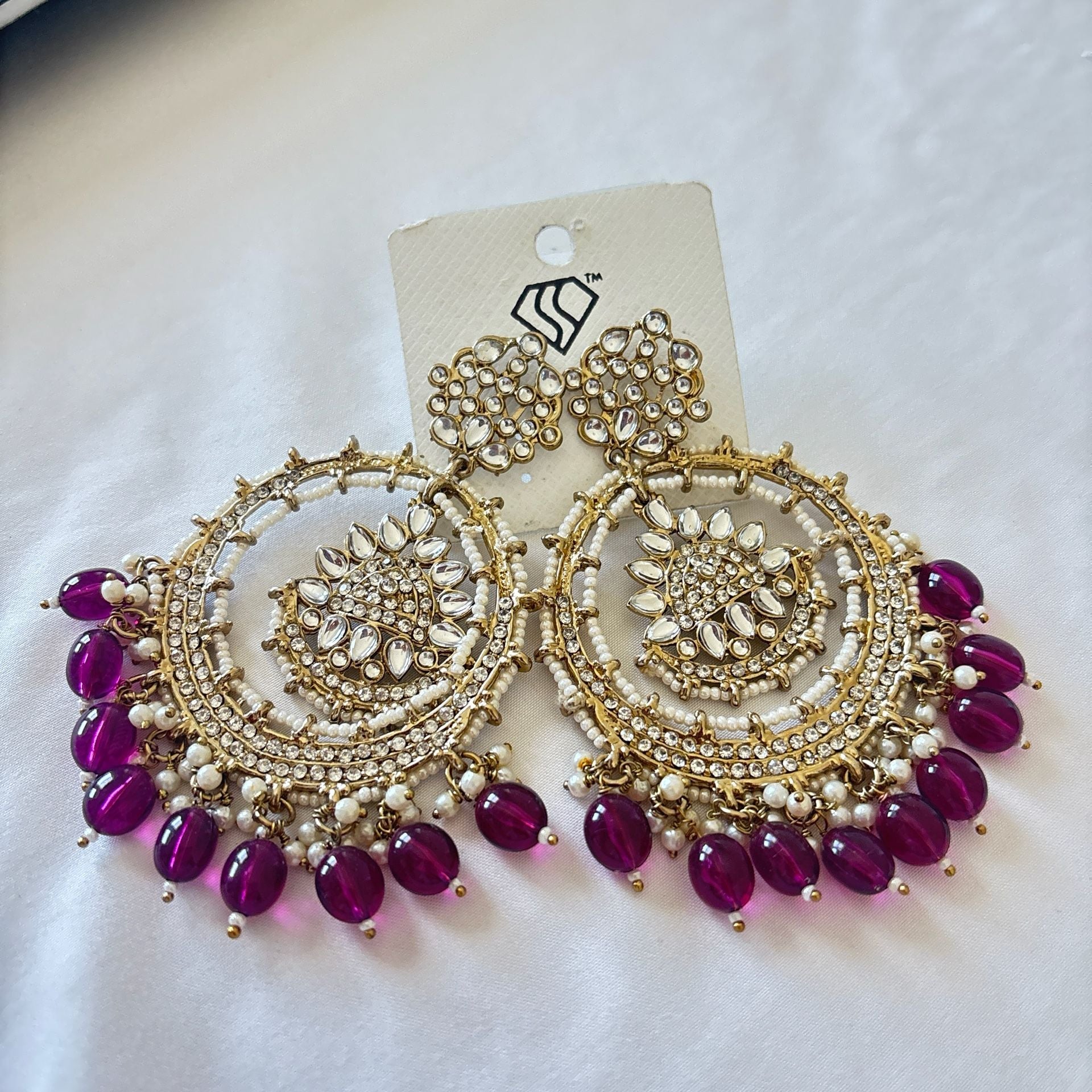 Gold-Tone Kundan and Purple Bead Chandbali Earrings 3