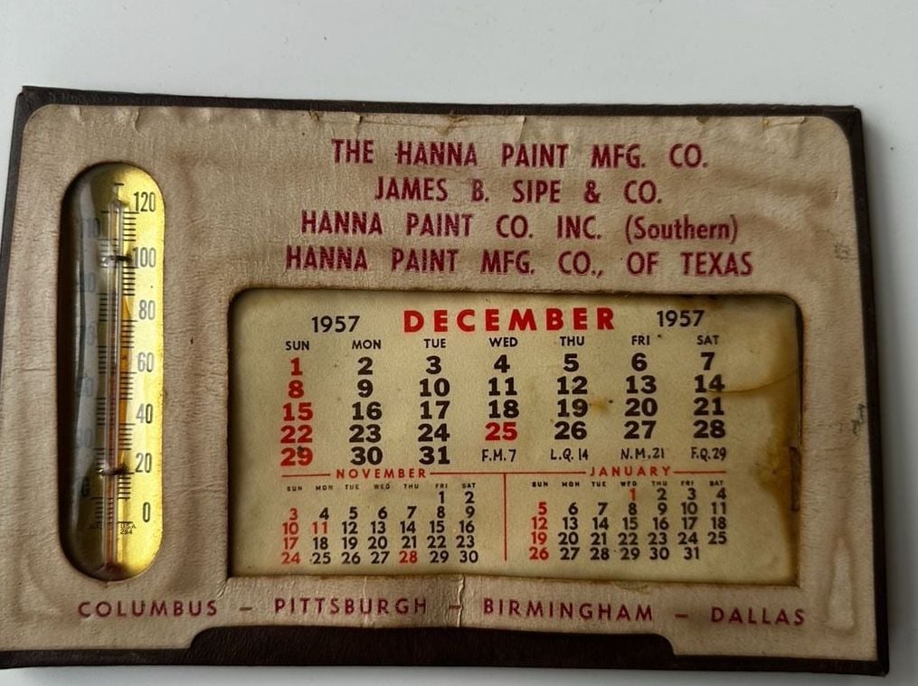 Vintage 1957 Hanna Paint Mfg. Co. Advertising Thermometer Calendar 1