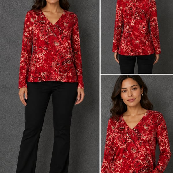 Susan Lawrence Red Floral Paisley V-Neck Long Sleeve Top Size L
B124JC