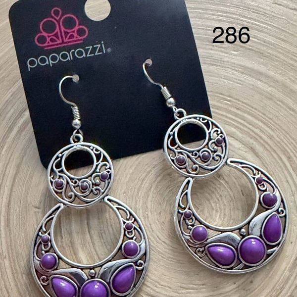 Paparazzi Silver Filigree and Purple Stone Teardrop Dangle Earrings