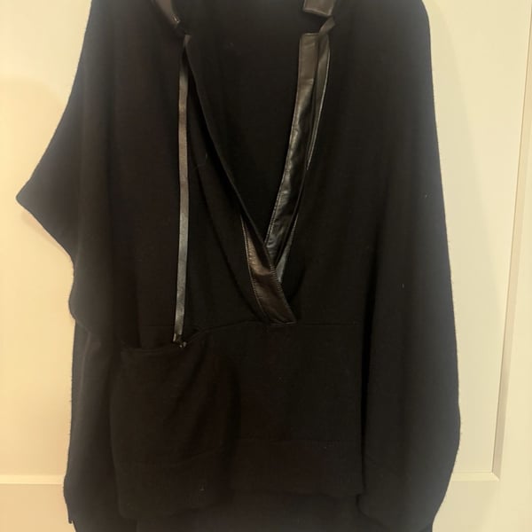 Zoe Couture Wool Cashmere Hooded Poncho with Leather Trim O/S