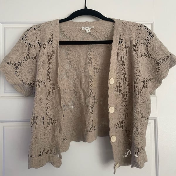 Kings Road Women's Beige Crochet Button-Front Cardigan Size S