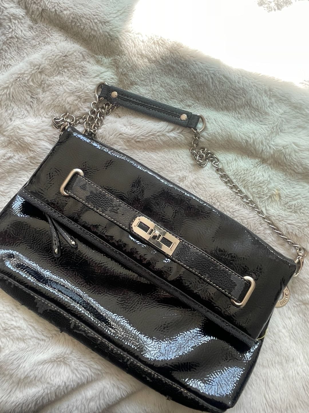 Nine West Black Patent Faux Leather Chain Strap Shoulder Bag 2