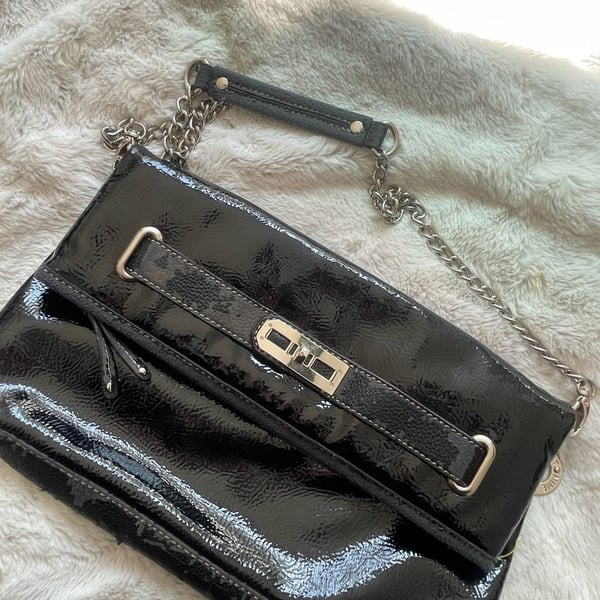 Nine West Black Patent Faux Leather Chain Strap Shoulder Bag