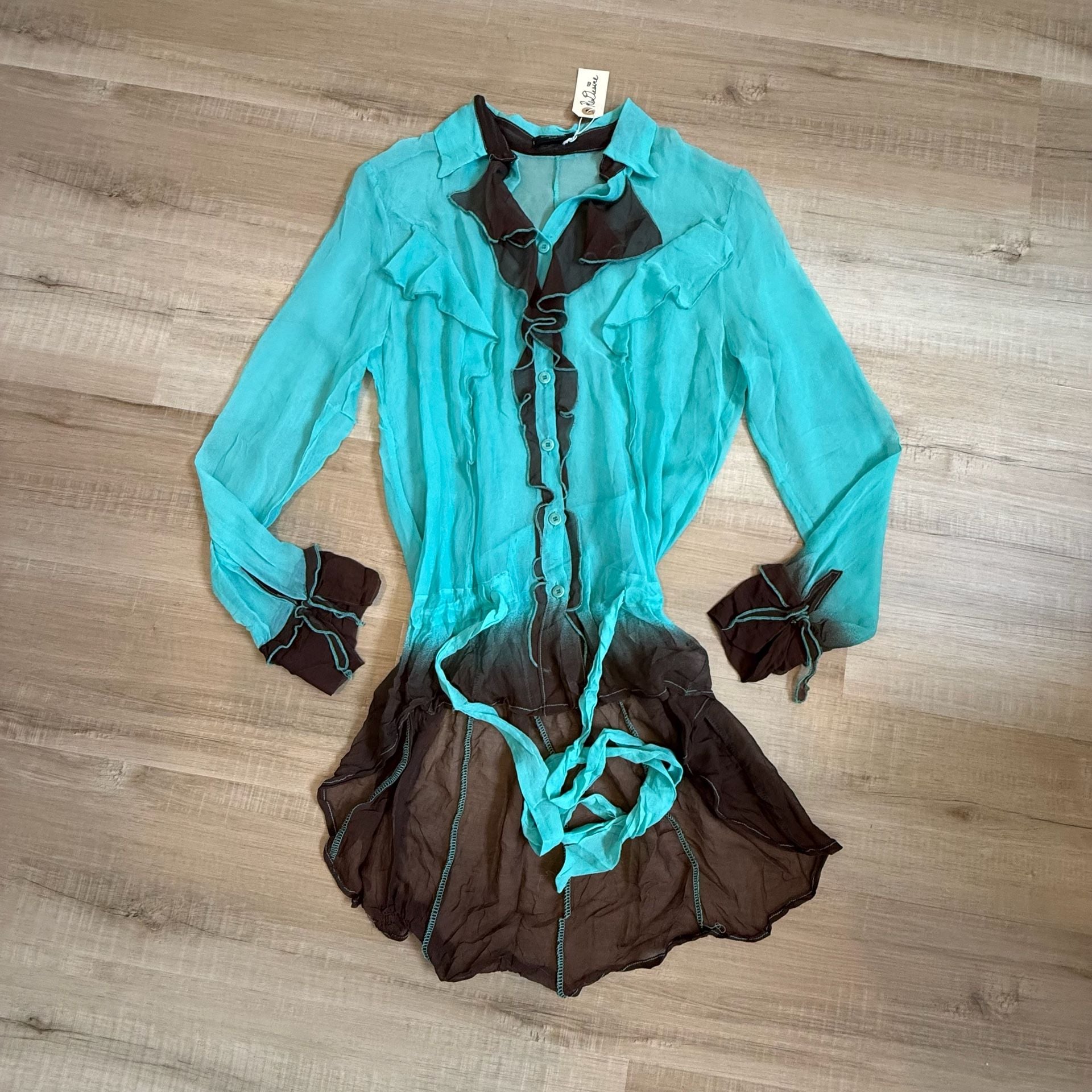 Vintage Silk Sonia Fortuna Turquoise Brown Ombre Ruffle Tunic Blouse Size Small 2