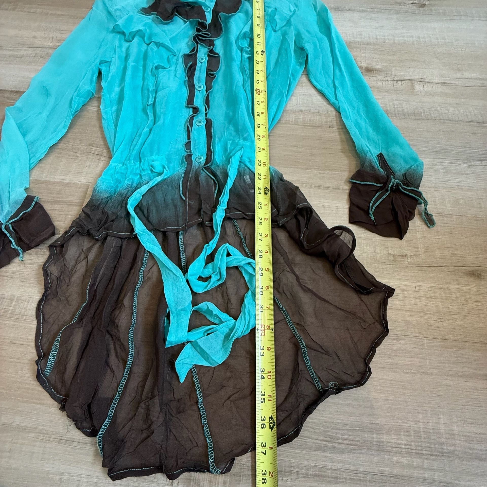 Vintage Silk Sonia Fortuna Turquoise Brown Ombre Ruffle Tunic Blouse Size Small 3