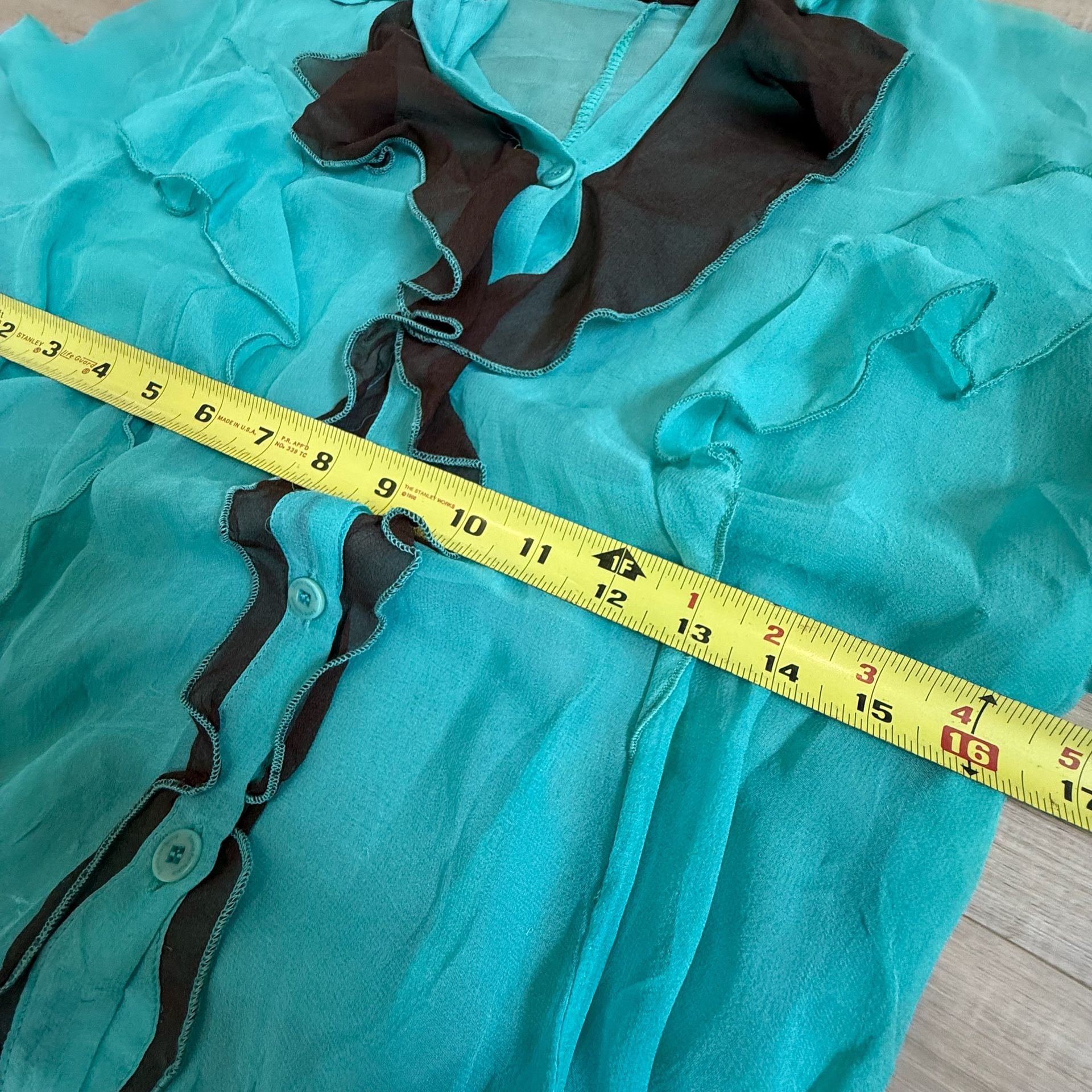 Vintage Silk Sonia Fortuna Turquoise Brown Ombre Ruffle Tunic Blouse Size Small 4