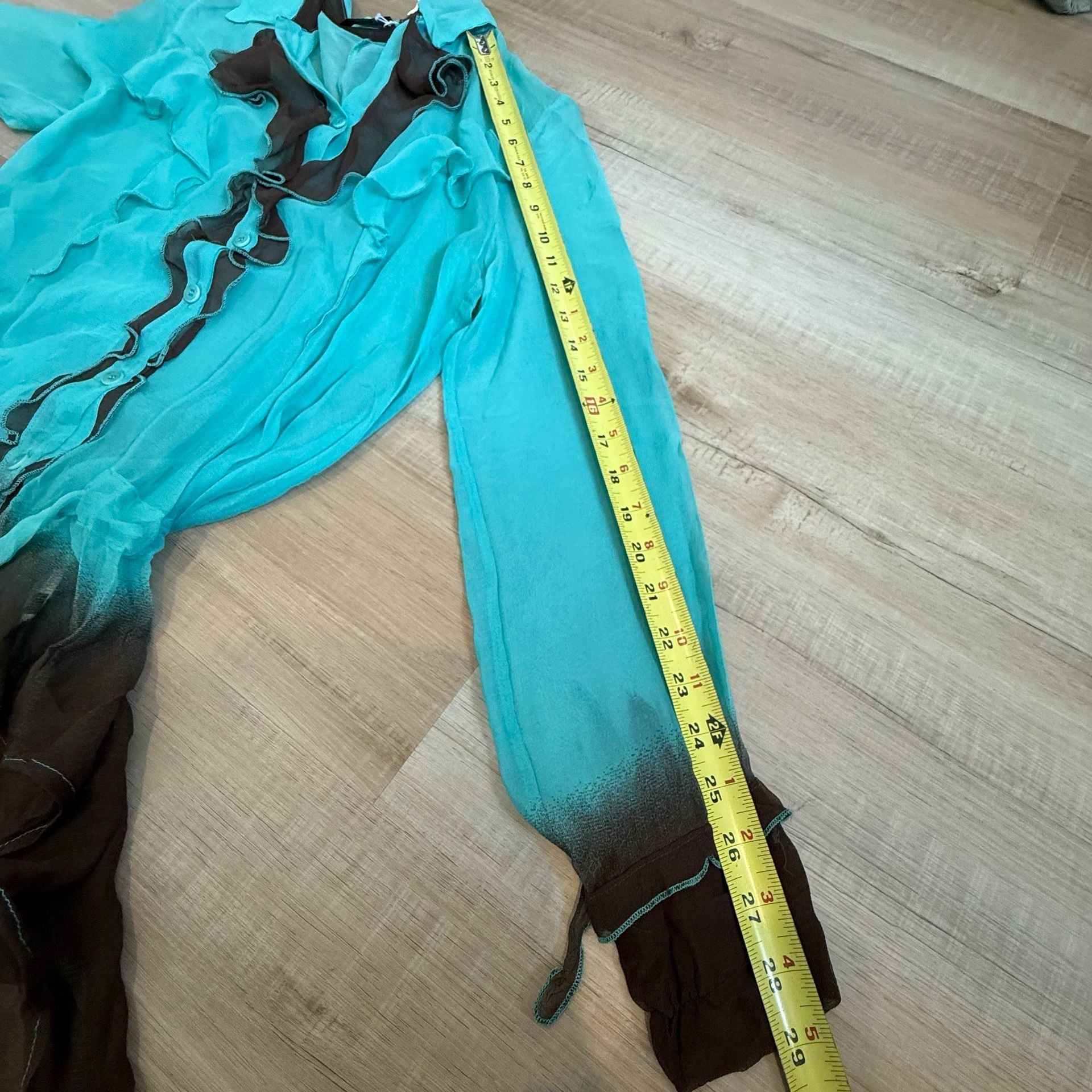 Vintage Silk Sonia Fortuna Turquoise Brown Ombre Ruffle Tunic Blouse Size Small 5