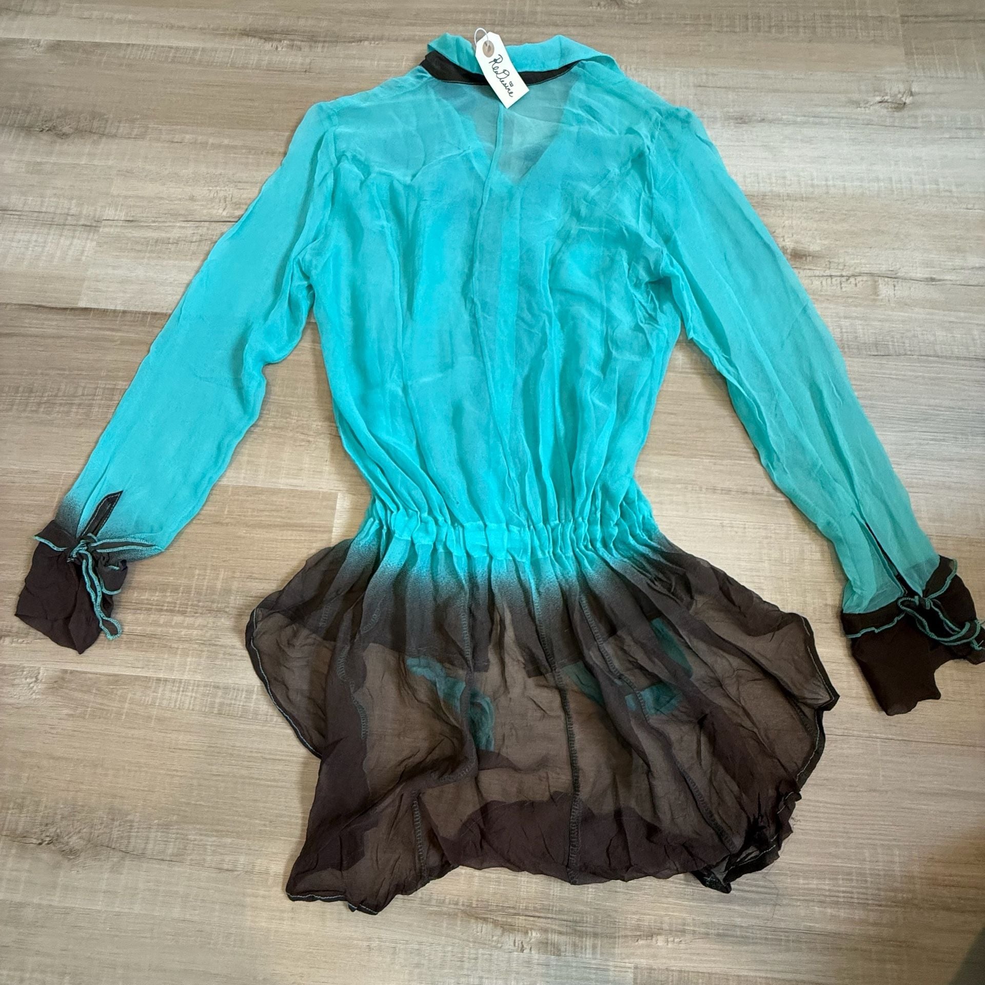 Vintage Silk Sonia Fortuna Turquoise Brown Ombre Ruffle Tunic Blouse Size Small 7