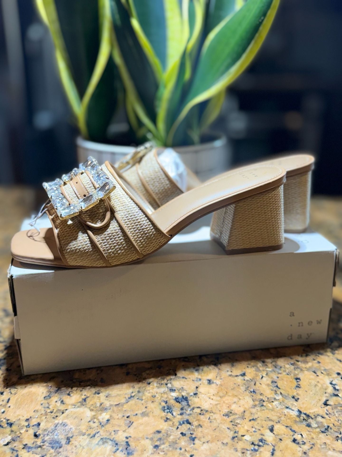 A New Day Kathleen Rhinestone Buckle Block Heel Sandals Size 10 6