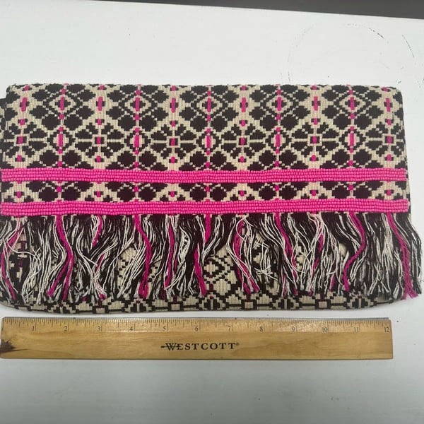 Roller Rabbit Woven Geometric Pattern Clutch with Fringe Detail