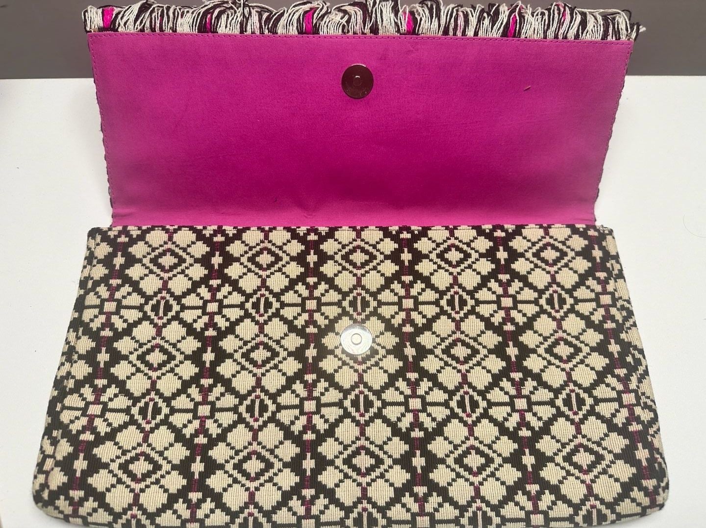 Roller Rabbit Woven Geometric Pattern Clutch with Fringe Detail 3