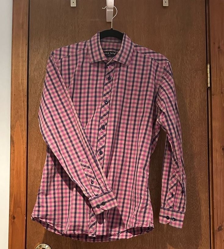 Jared Lang Men's Long Sleeve Button Down Shirt Pink Navy Plaid Size S/2 2