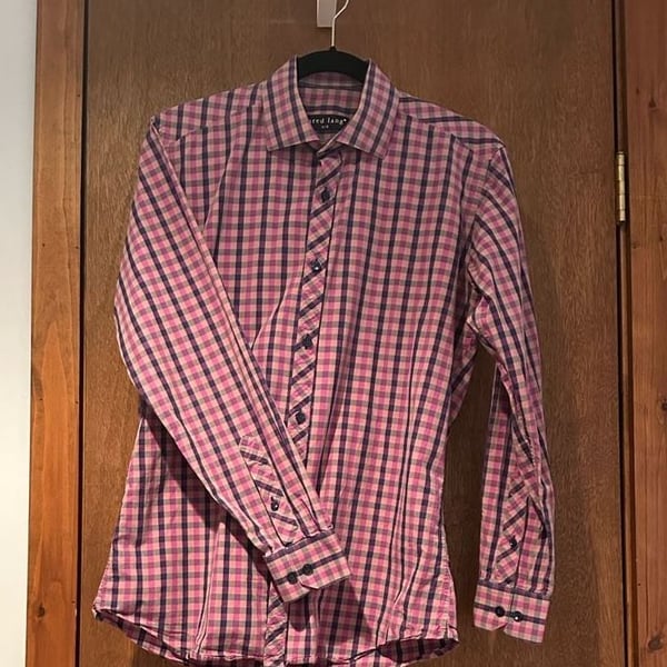 Jared Lang Men's Long Sleeve Button Down Shirt Pink Navy Plaid Size S/2
