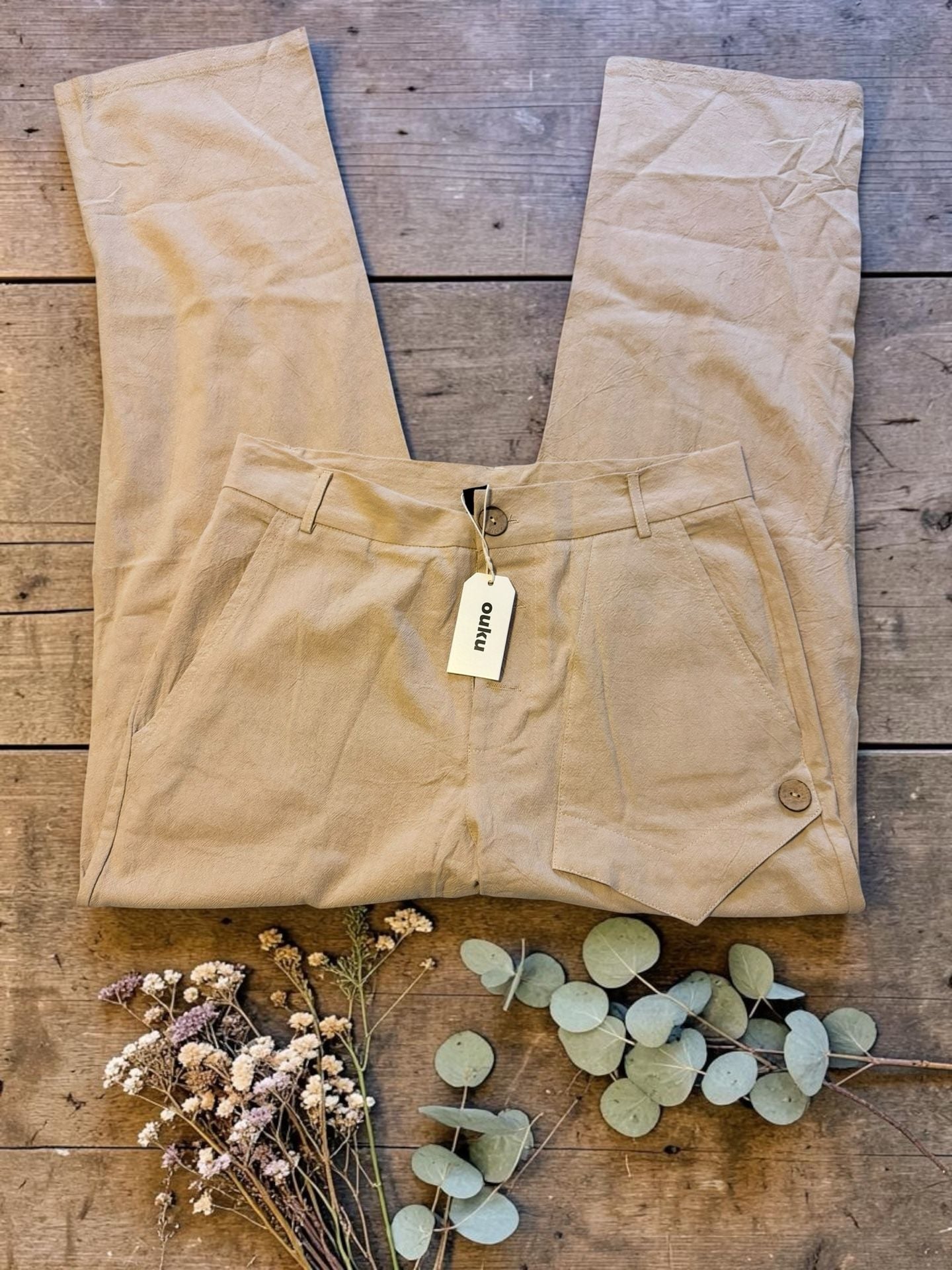 New With Tags Ouku Women's Beige Casual Wide Leg Trousers Size S 2
