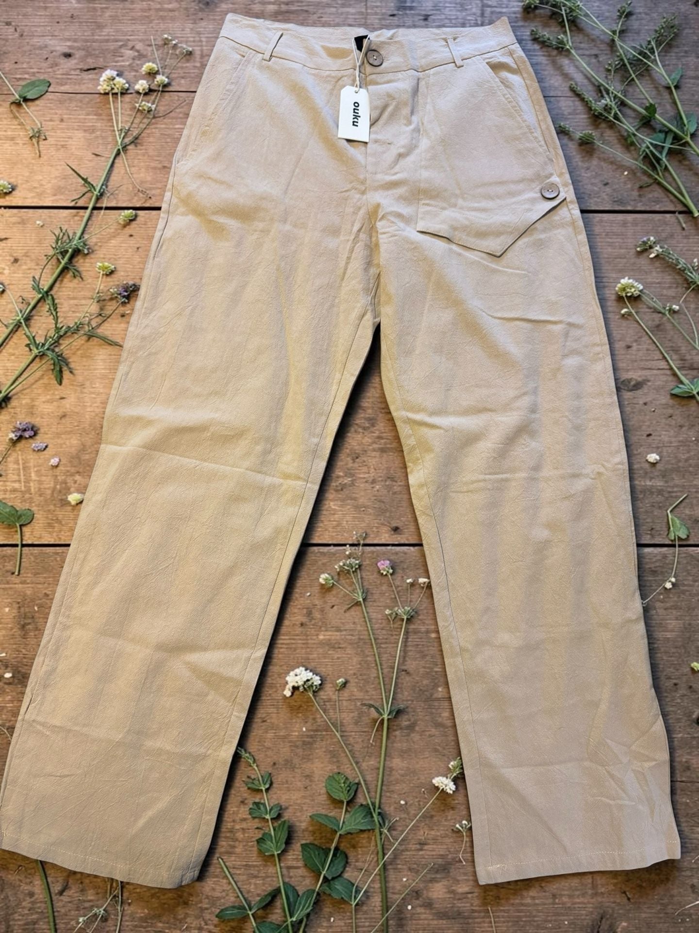 New With Tags Ouku Women's Beige Casual Wide Leg Trousers Size S 3