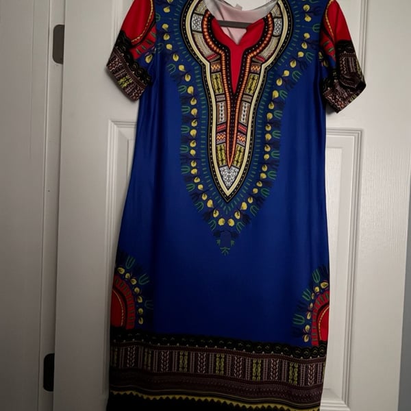 Dashiki Print Tunic Dress Blue Multi Size L/XL