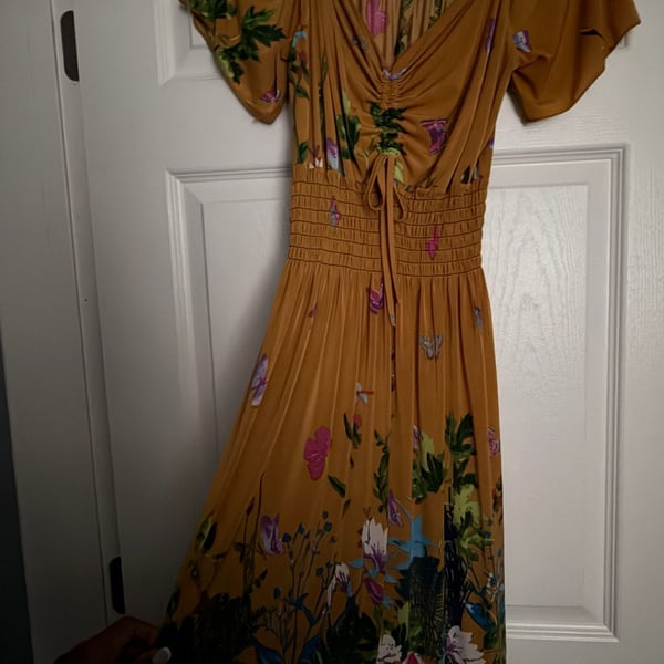 Floral Butterfly Print Smocked Waist Midi Dress Size S/M