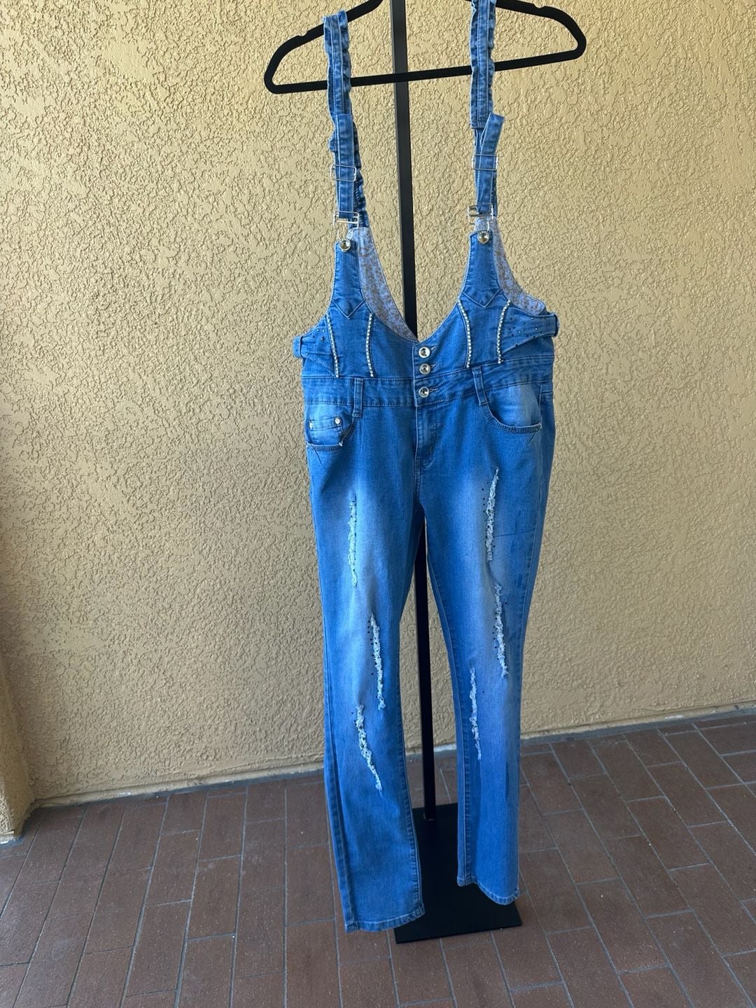 Relax Denim Rhinestone Embellished Distressed Overalls Size 34 2