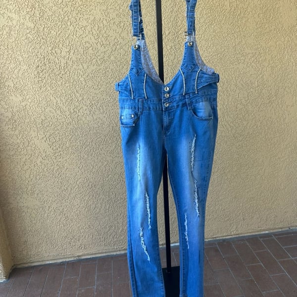 Relax Denim Rhinestone Embellished Distressed Overalls Size 34