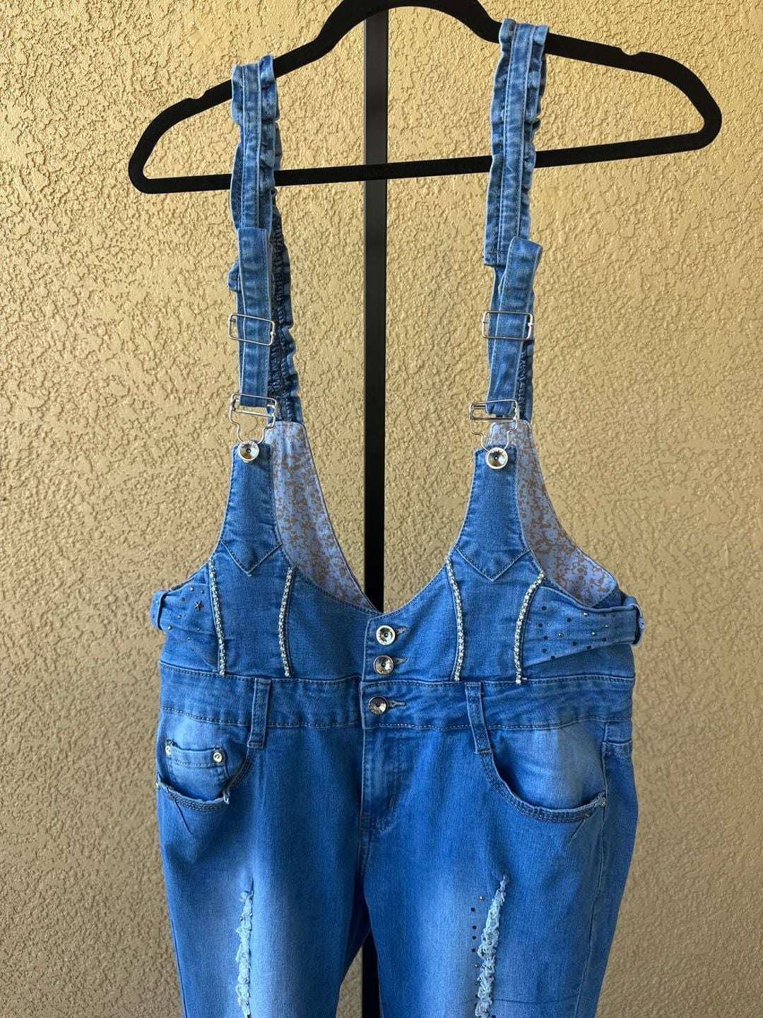 Relax Denim Rhinestone Embellished Distressed Overalls Size 34 3