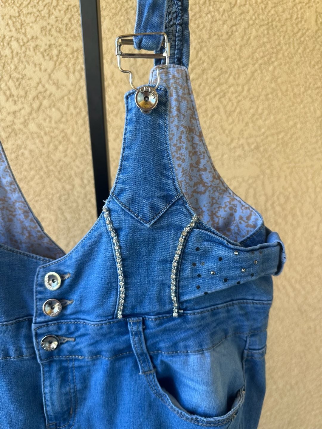 Relax Denim Rhinestone Embellished Distressed Overalls Size 34 6