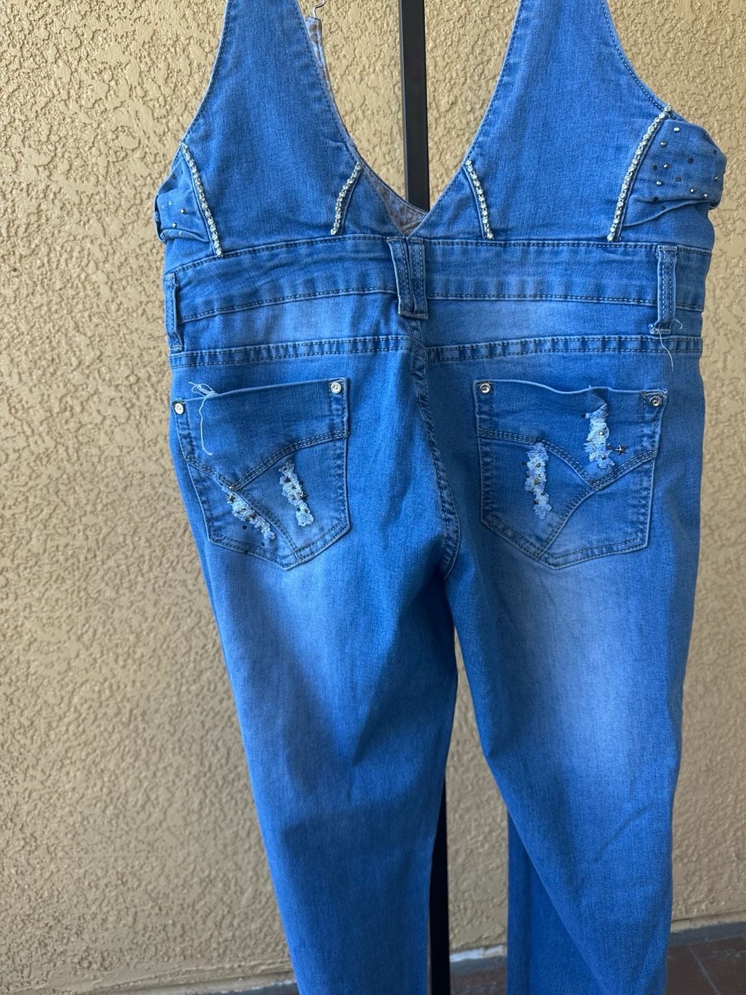 Relax Denim Rhinestone Embellished Distressed Overalls Size 34 7