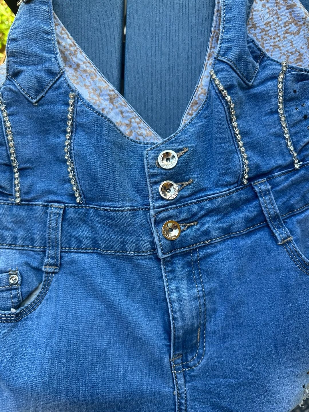 Relax Denim Rhinestone Embellished Distressed Overalls Size 34 8