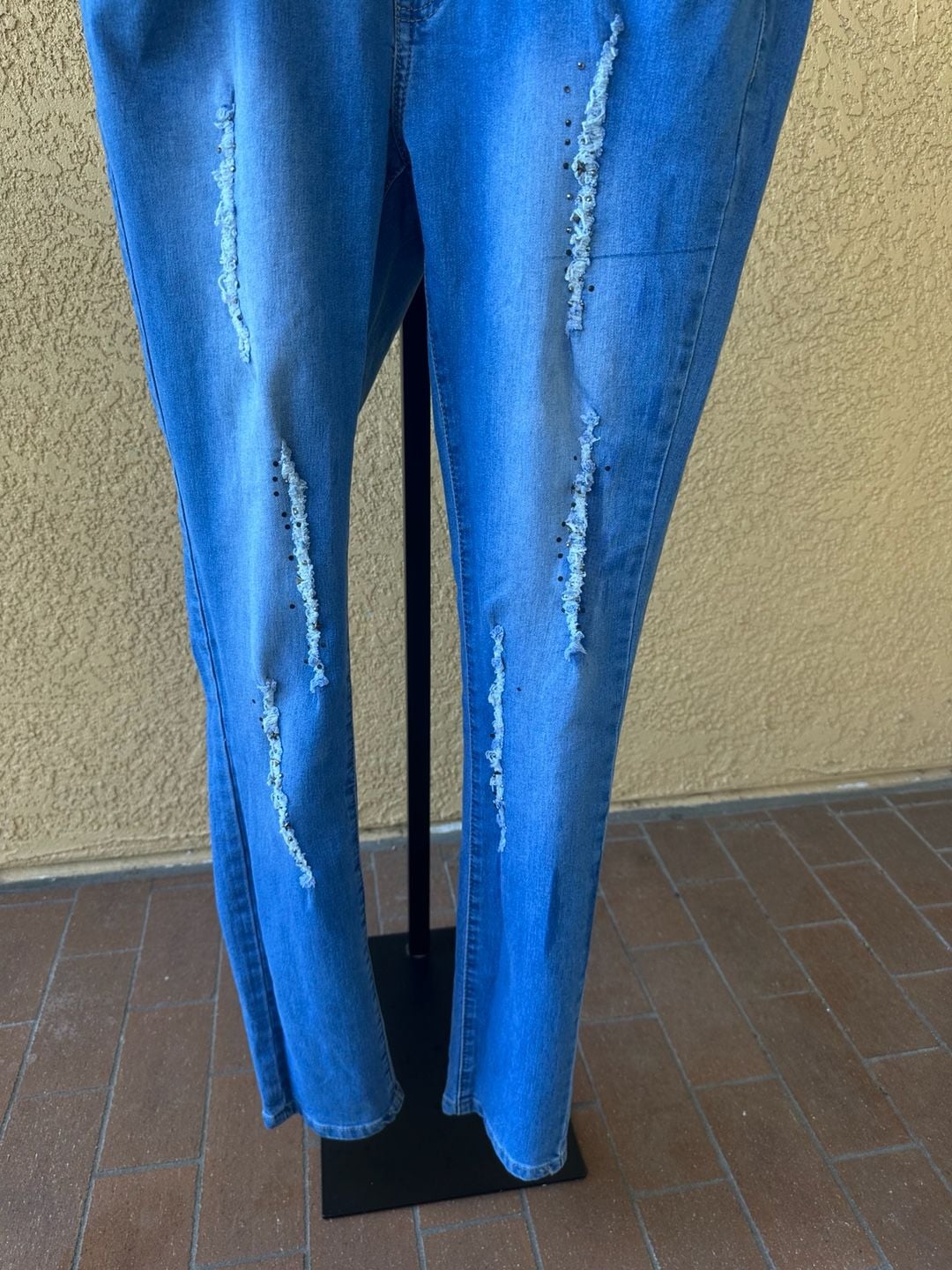 Relax Denim Rhinestone Embellished Distressed Overalls Size 34 10