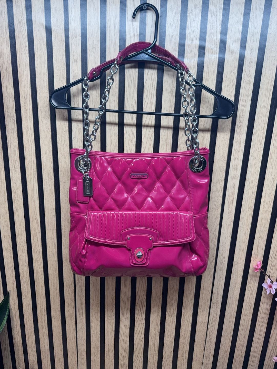 Coach Quilted Patent Leather Chain Shoulder Bag Pink 2