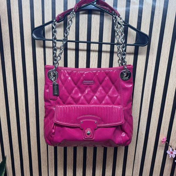 Coach Quilted Patent Leather Chain Shoulder Bag Pink