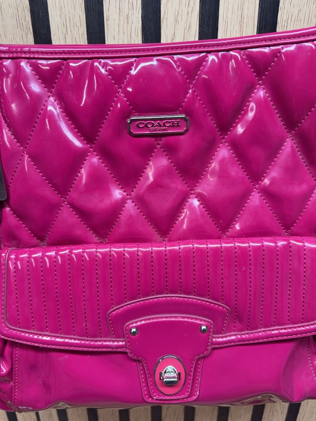 Coach Quilted Patent Leather Chain Shoulder Bag Pink 3