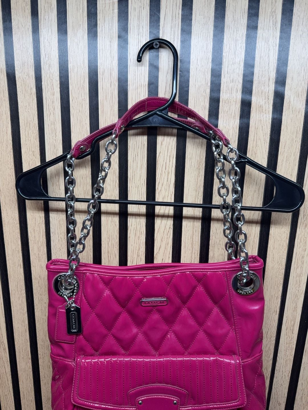 Coach Quilted Patent Leather Chain Shoulder Bag Pink 7
