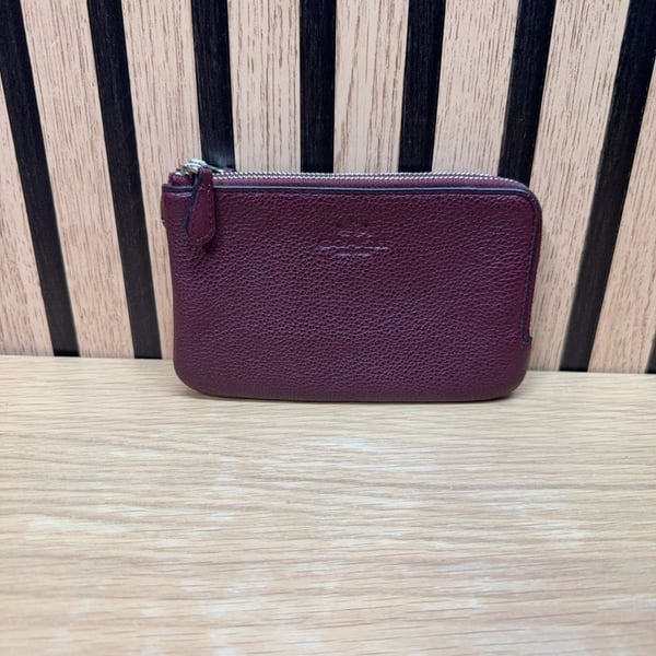 Coach Double Zip Burgundy Pebble Leather Coin Case Wallet