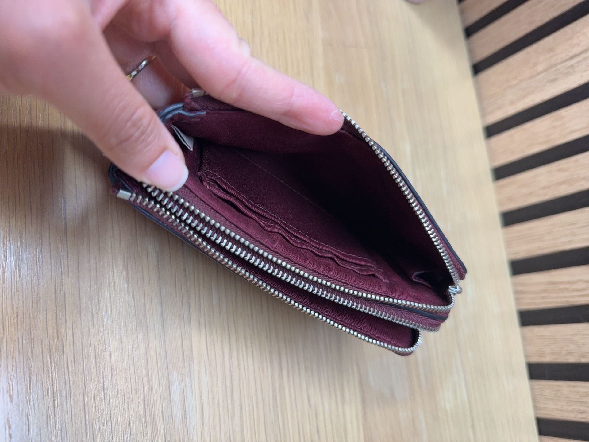 Coach Double Zip Burgundy Pebble Leather Coin Case Wallet 6