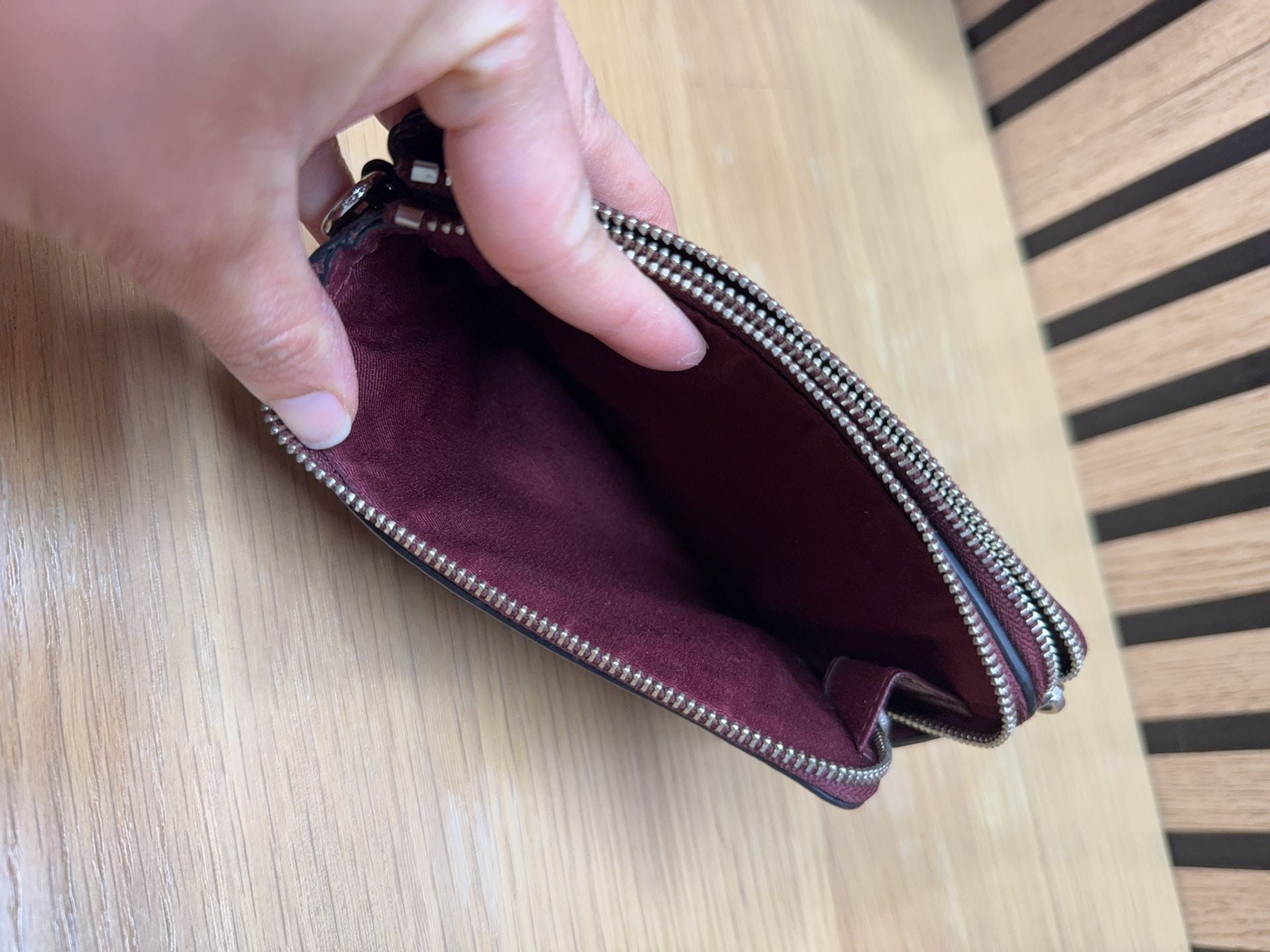 Coach Double Zip Burgundy Pebble Leather Coin Case Wallet 7