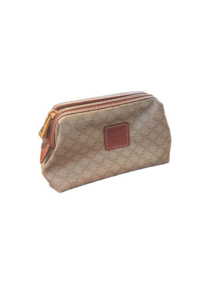 Celine vanity case pouch brown leather and beige coated canvas small vintage 2