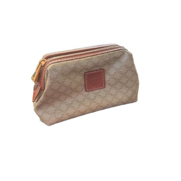 Celine vanity case pouch brown leather and beige coated canvas small vintage 