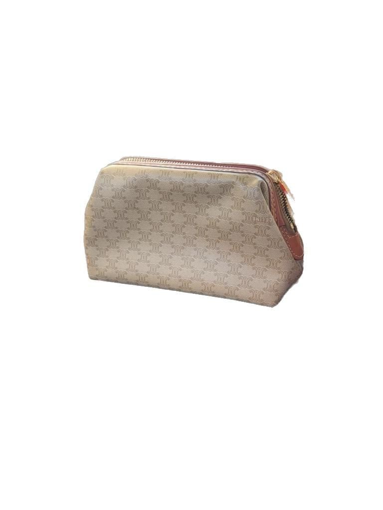 Celine vanity case pouch brown leather and beige coated canvas small vintage 4