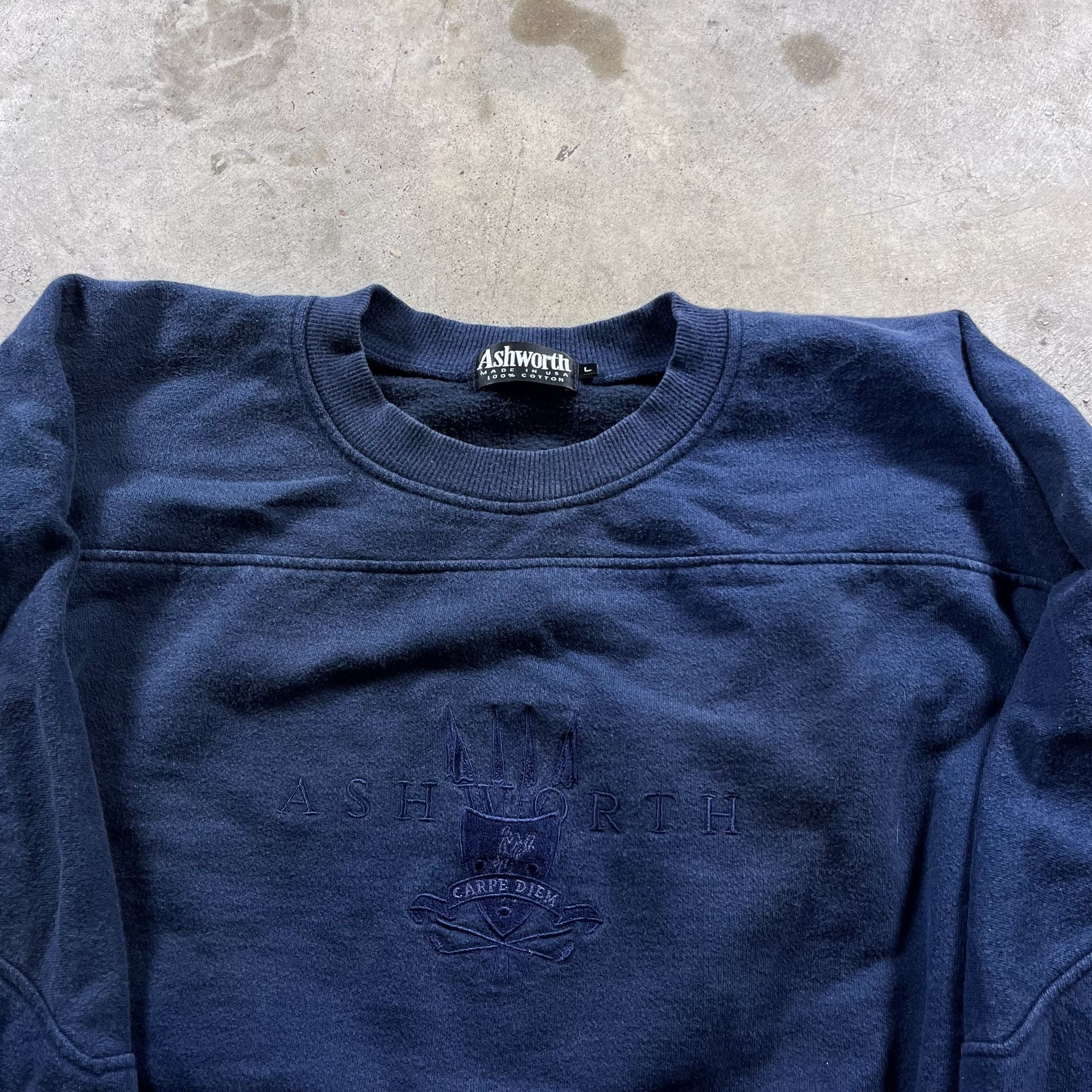 Vintage Ashworth Carpe Diem Embroidered Navy Sweatshirt Size Large 3