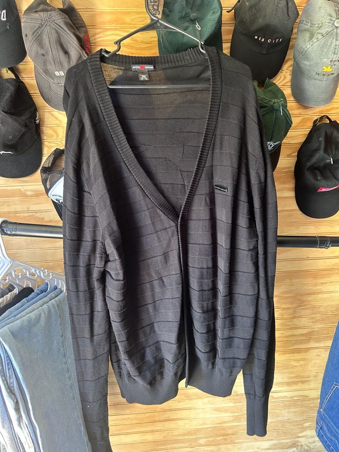 Artful Dodger Men's Black Striped V-Neck Cardigan Sweater Size XXL 2