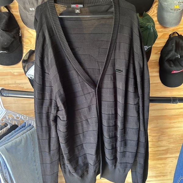 Artful Dodger Men's Black Striped V-Neck Cardigan Sweater Size XXL